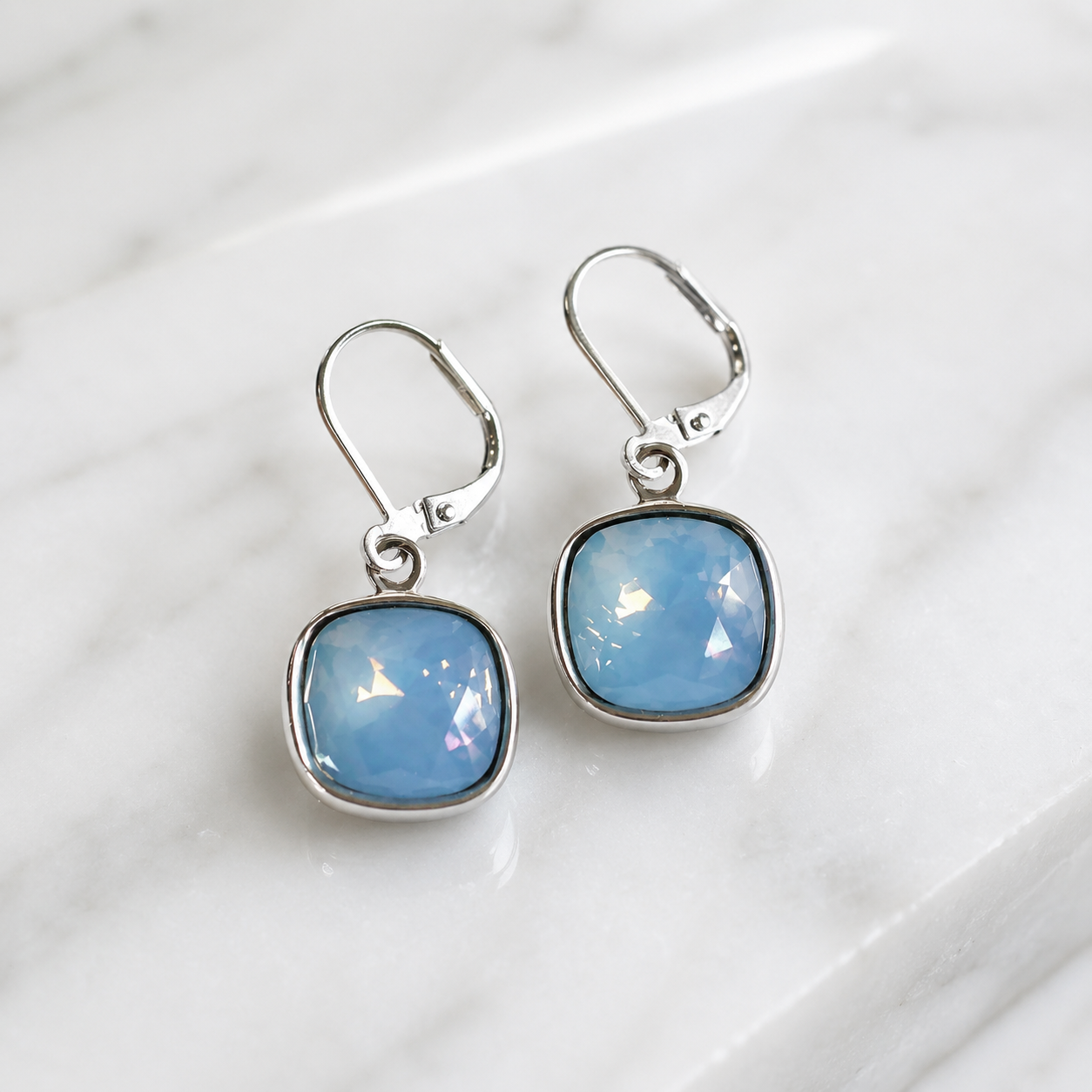 Sky blue opal large square crystal earrings