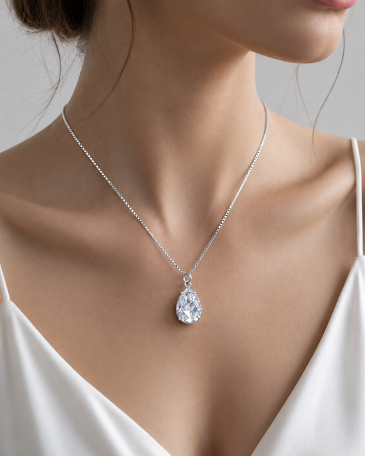 Large Clear Pear Shape Crystal Necklace on Sterling Silver