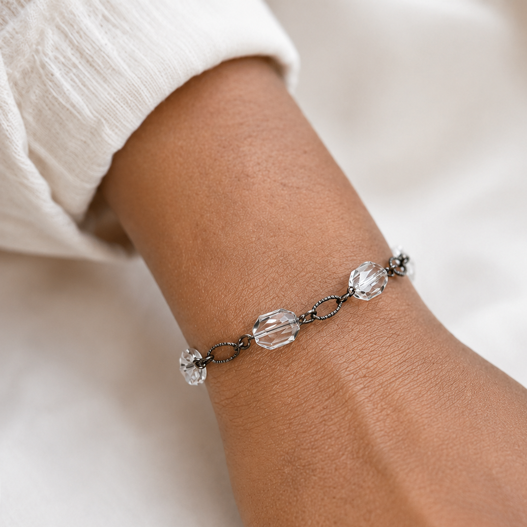 Clear crystal bracelet on gunmetal