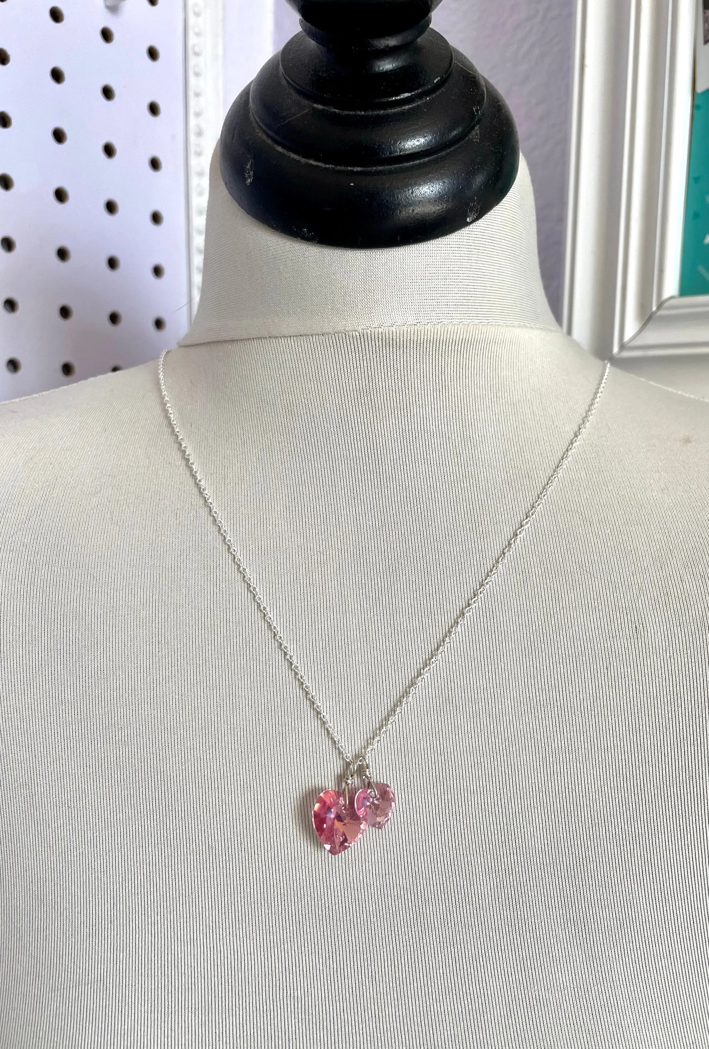Two pink hearts necklace crystal necklace LoveYourBling