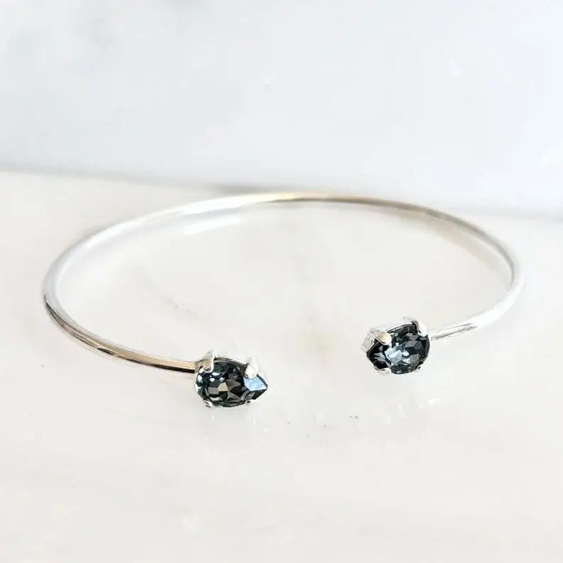 Silver Bangle Bracelet with Black Diamond Austrian Crystals – Open Cuff LoveYourBling