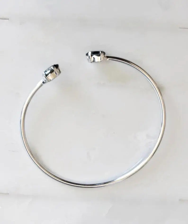 Silver Bangle Bracelet with Clear Austrian Crystals – Open Cuff, 7.5" Fit LoveYourBling