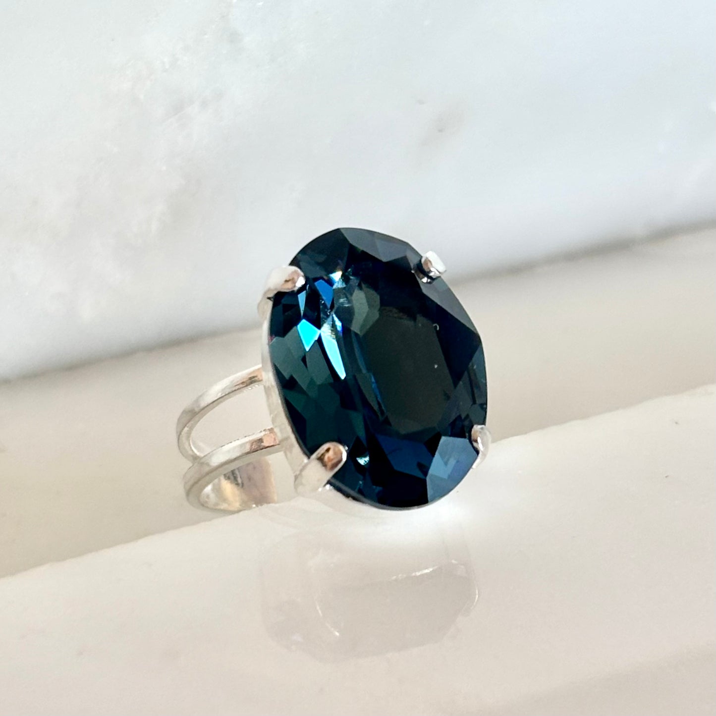Sapphire Blue Swarovski® Crystal Statement Ring – Adjustable Silver Plated