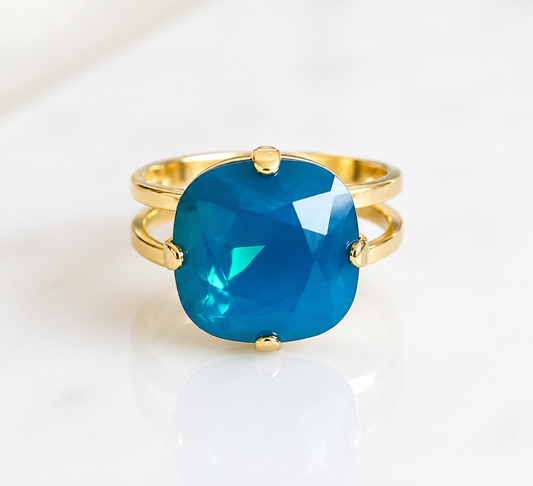 Blue Opal Square Crystal Ring | Adjustable Gold Statement Ring
