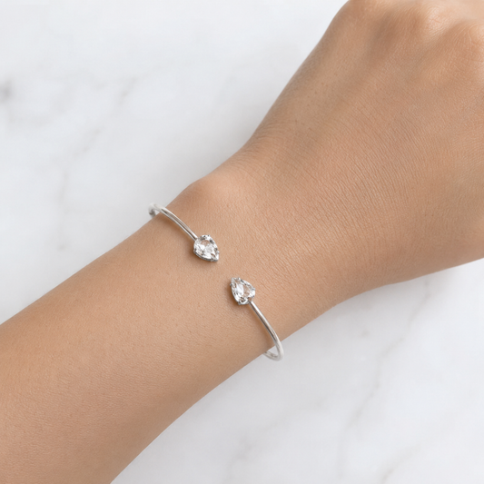 Silver Bangle Bracelet with Clear Austrian Crystals – Open Cuff, 7.5" Fit