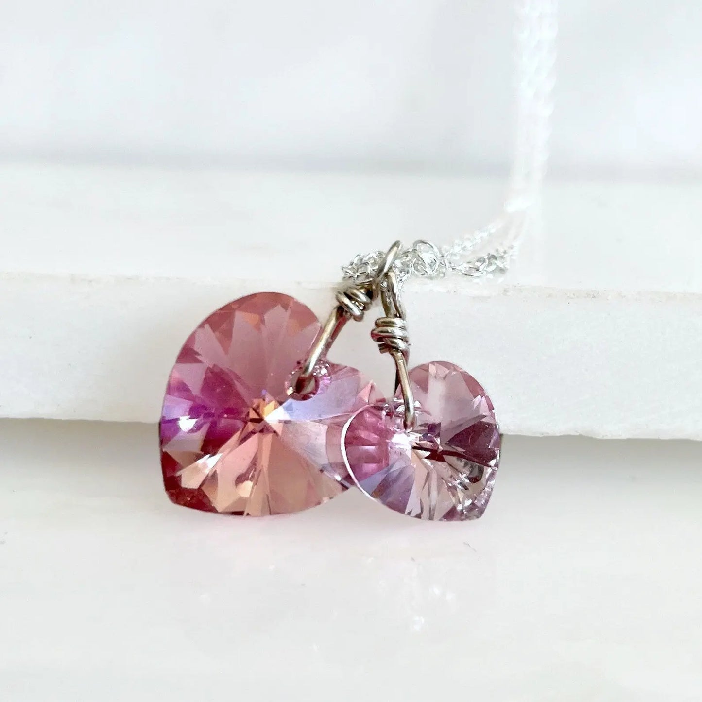 Two pink hearts necklace crystal necklace LoveYourBling