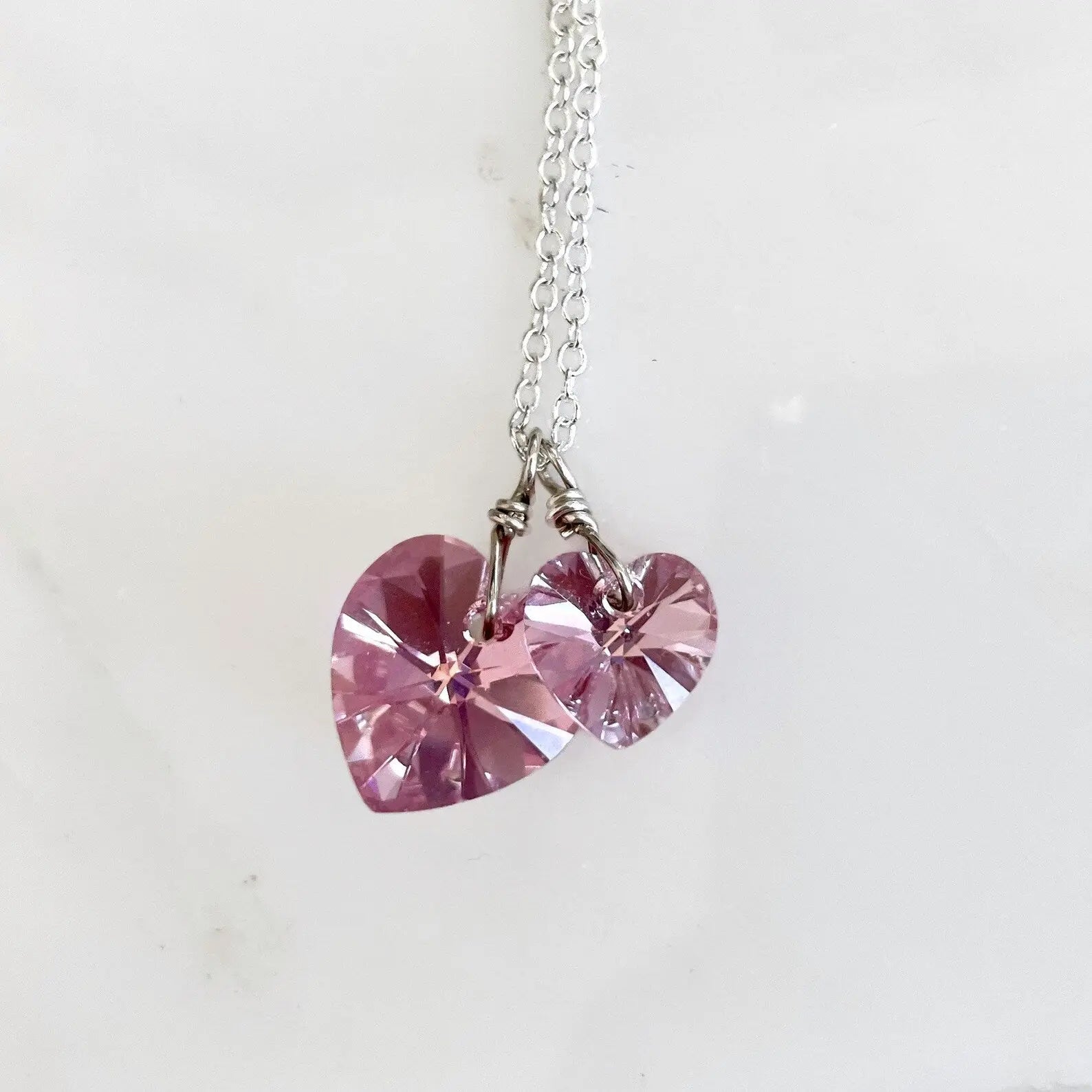 Two pink hearts necklace crystal necklace LoveYourBling