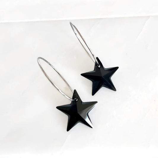 Black crystal star hoop earrings