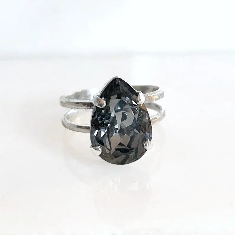 Black diamond pear crystal ring LoveYourBling