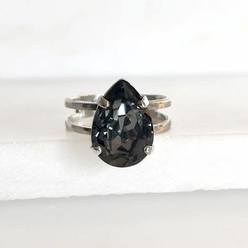 Black diamond pear crystal ring LoveYourBling