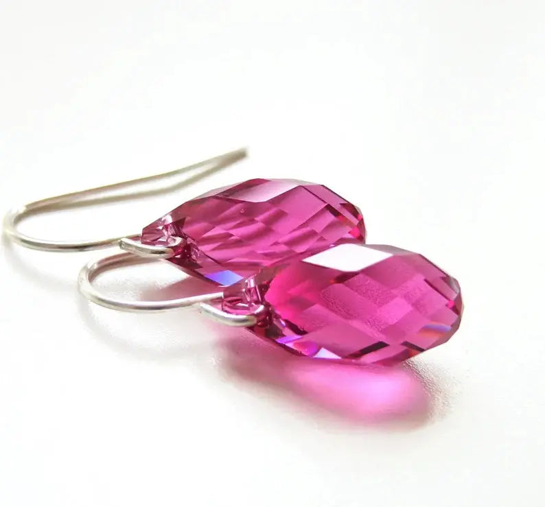 Fuchsia pink teardrop Crystal Briolette Earrings LoveYourBling