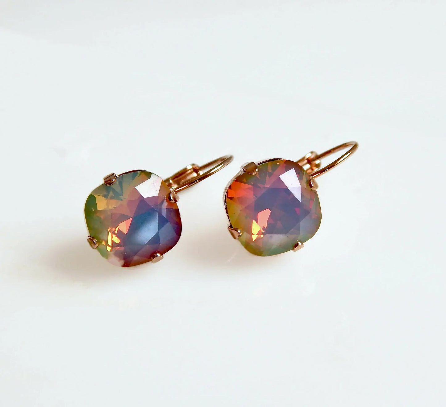 Rose gold rainbow opal crystal lever back earrings LoveYourBling