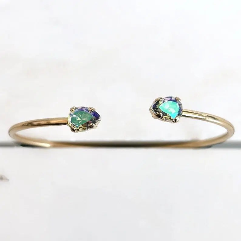 Gold Bangle Bracelet with Iridescent Purple-Green Austrian Crystals – Open Cuff, 7.5" Fit LoveYourBling