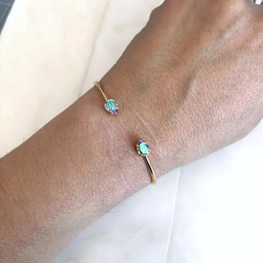 Gold Bangle Bracelet with Iridescent Purple-Green Austrian Crystals – Open Cuff, 7.5" Fit LoveYourBling