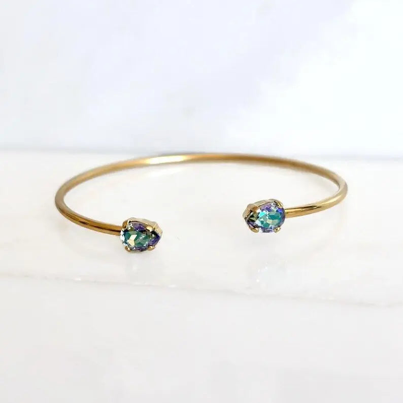Gold Bangle Bracelet with Iridescent Purple-Green Austrian Crystals – Open Cuff, 7.5" Fit LoveYourBling