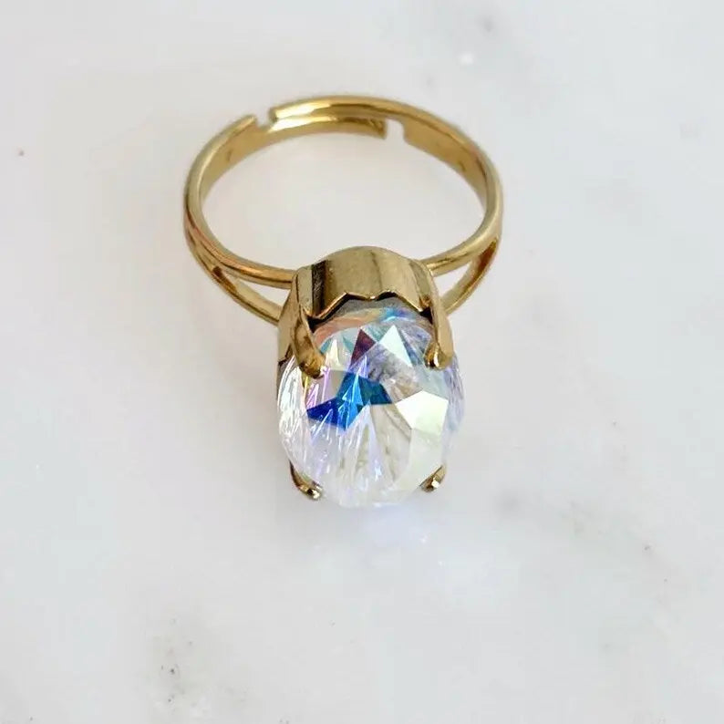 Adjustable Gold Plated Ring with Clear AB Austrian Crystal – Starburst Oval Statement Ring LoveYourBling