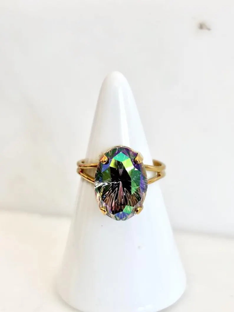Adjustable Gold Plated Ring with Iridescent Purple-Green Austrian Crystal – Starburst Oval Stone