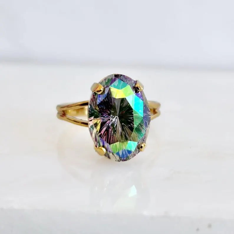 Adjustable Gold Plated Ring with Iridescent Purple-Green Austrian Crystal – Starburst Oval Stone