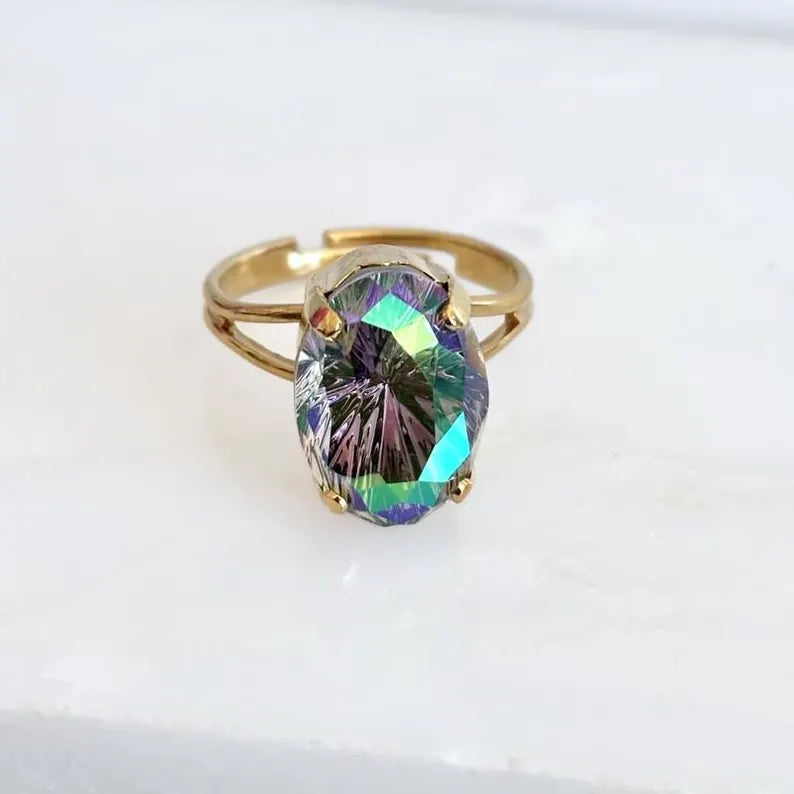 Adjustable Gold Plated Ring with Iridescent Purple-Green Austrian Crystal – Starburst Oval Stone