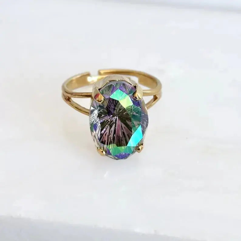 Adjustable Gold Plated Ring with Iridescent Purple-Green Austrian Crystal – Starburst Oval Stone LoveYourBling