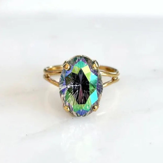 Adjustable Gold Plated Ring with Iridescent Purple-Green Austrian Crystal – Starburst Oval Stone