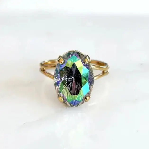 Adjustable Gold Plated Ring with Iridescent Purple-Green Austrian Crystal – Starburst Oval Stone LoveYourBling