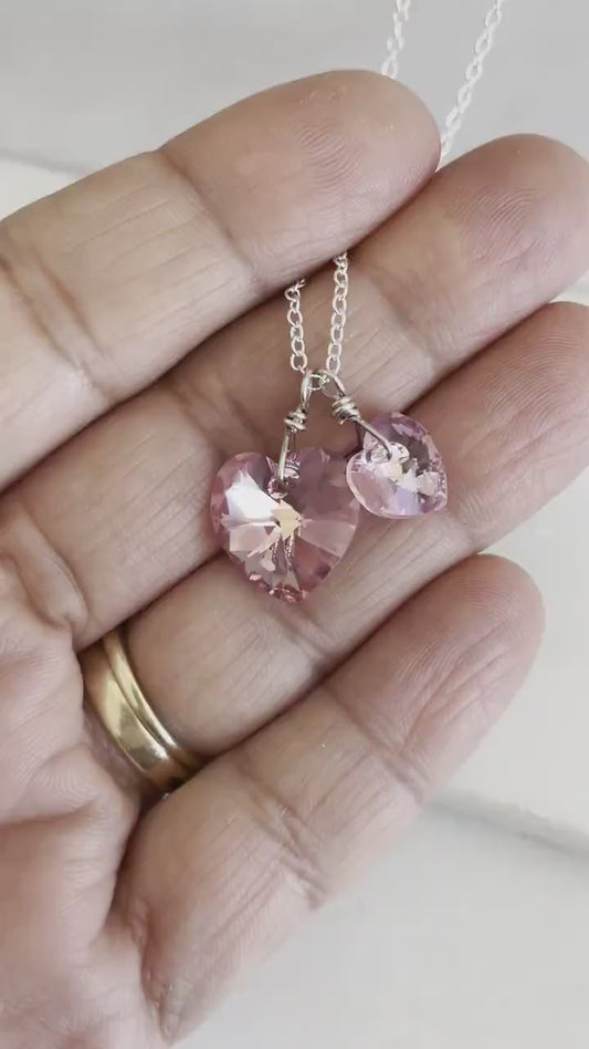 Two pink hearts necklace crystal necklace