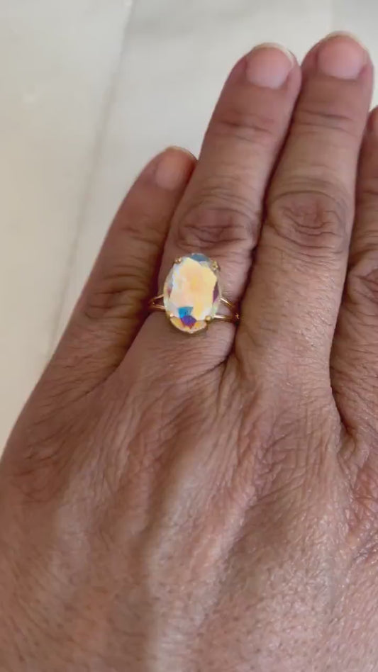 Adjustable Gold Plated Ring with Clear AB Austrian Crystal – Starburst Oval Statement Ring