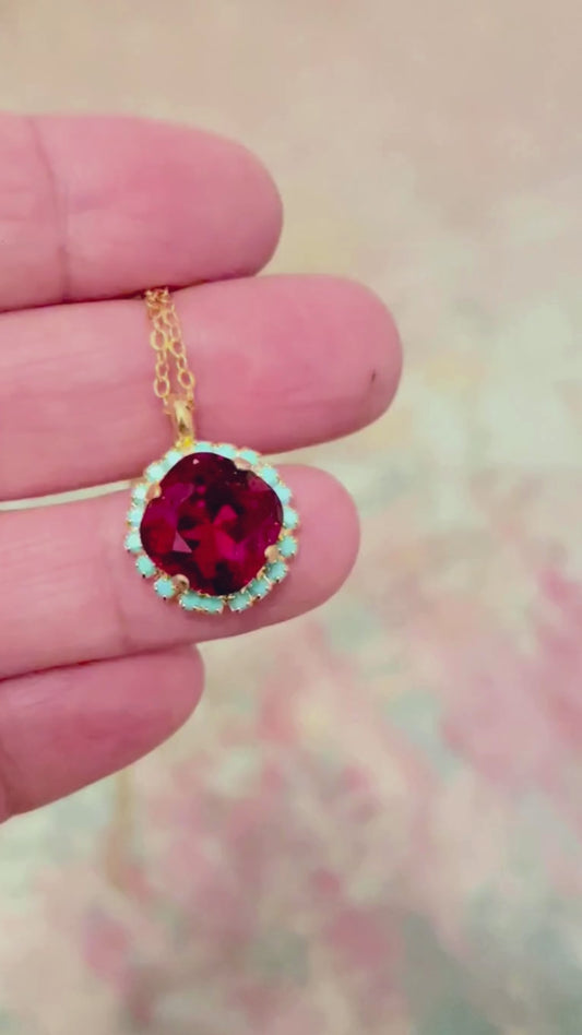 Collar de cristal rojo rubí y azul turquesa