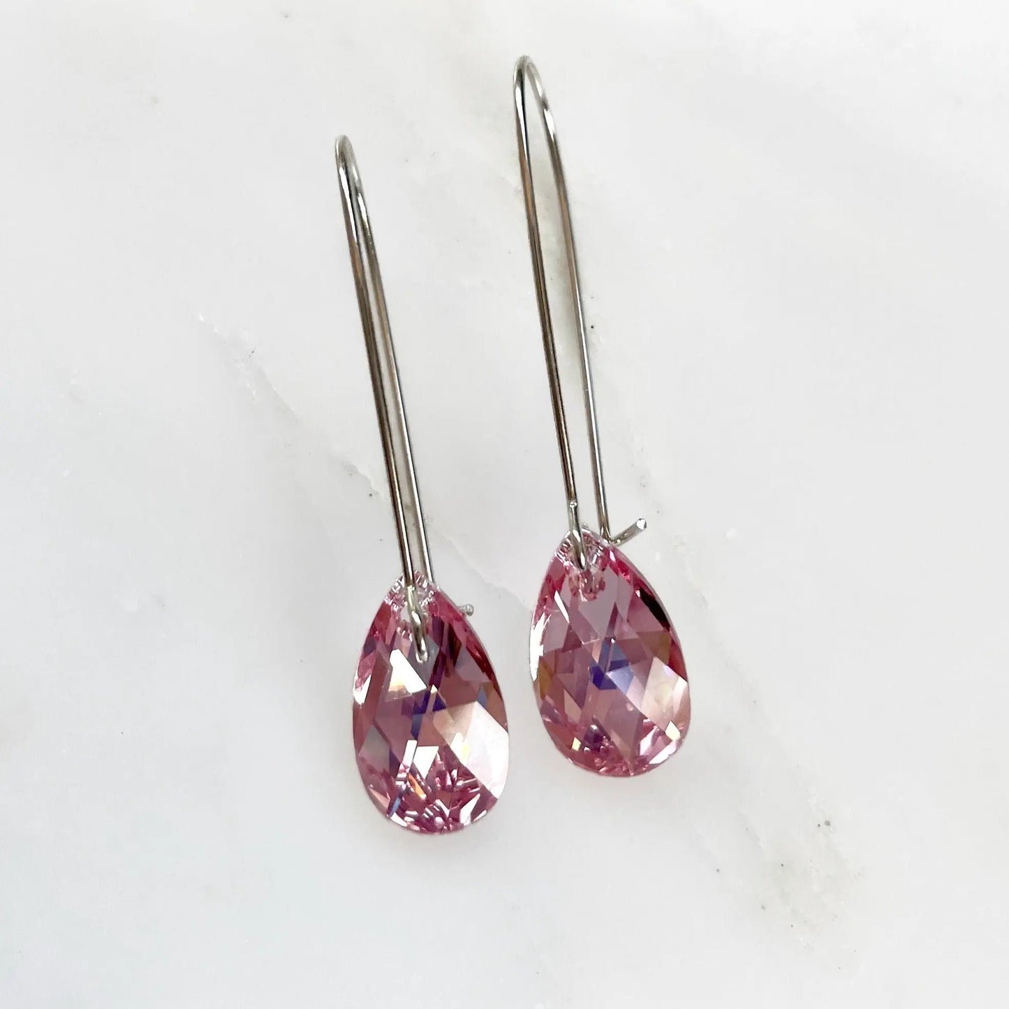 Long iridescent pink crystal teardrop earrings LoveYourBling
