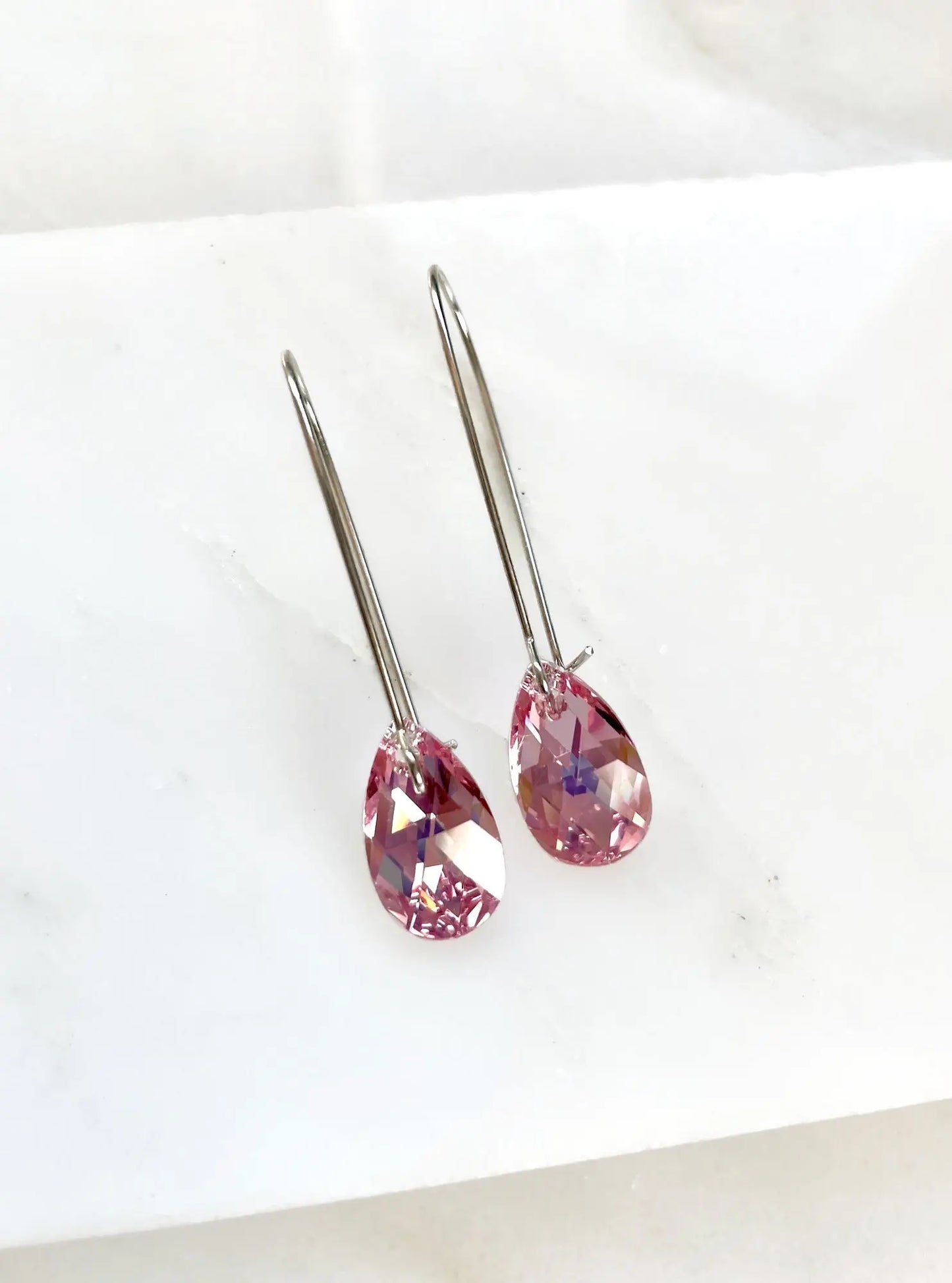 Long iridescent pink crystal teardrop earrings LoveYourBling