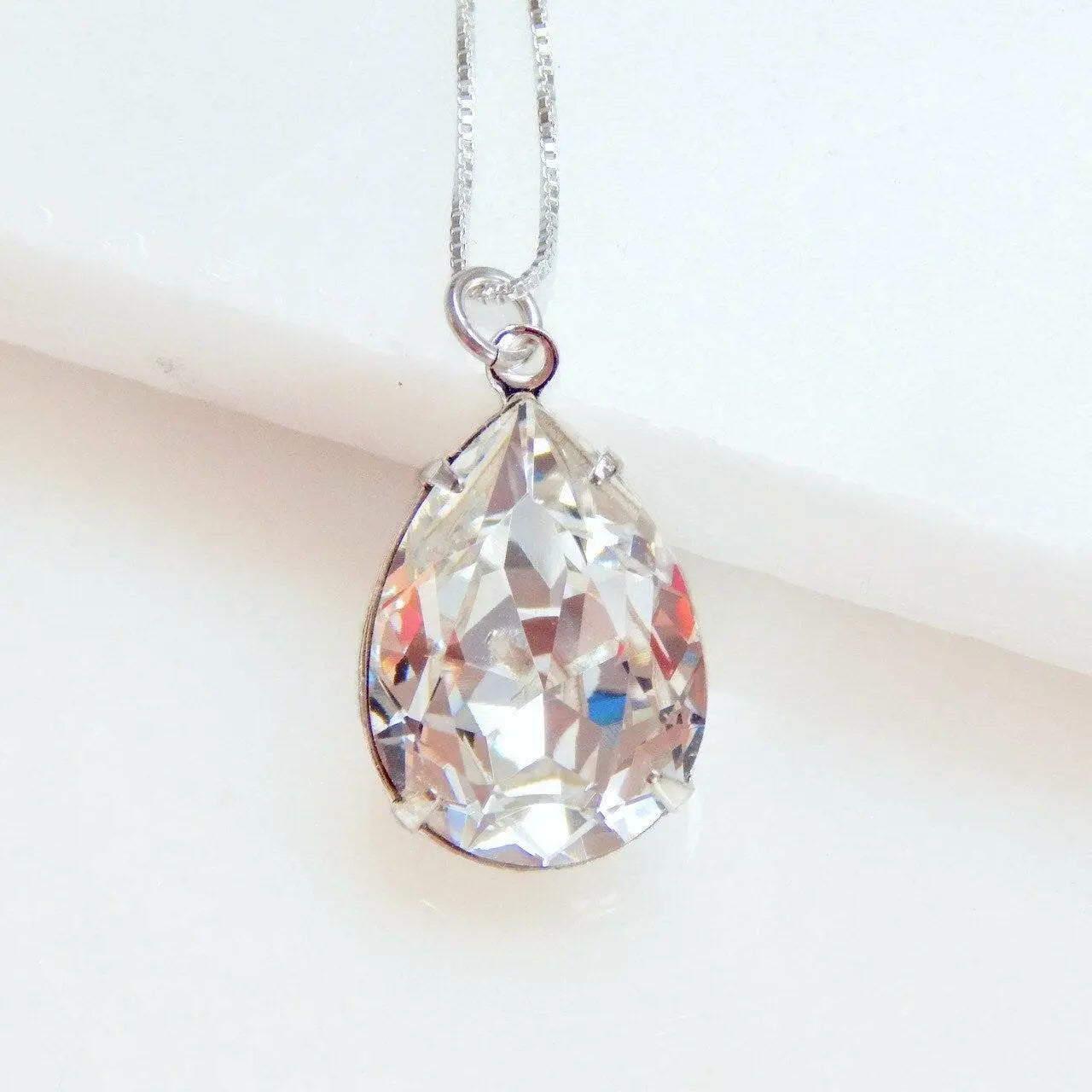 Clear Pear Shape Crystal Necklace on Sterling Silver LoveYourBling
