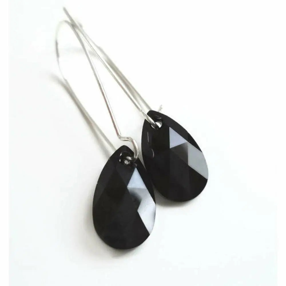Long jet black crystal teardrop earrings LoveYourBling
