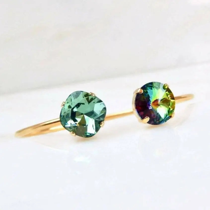 Gold open cuff bracelet in green crystal LoveYourBling