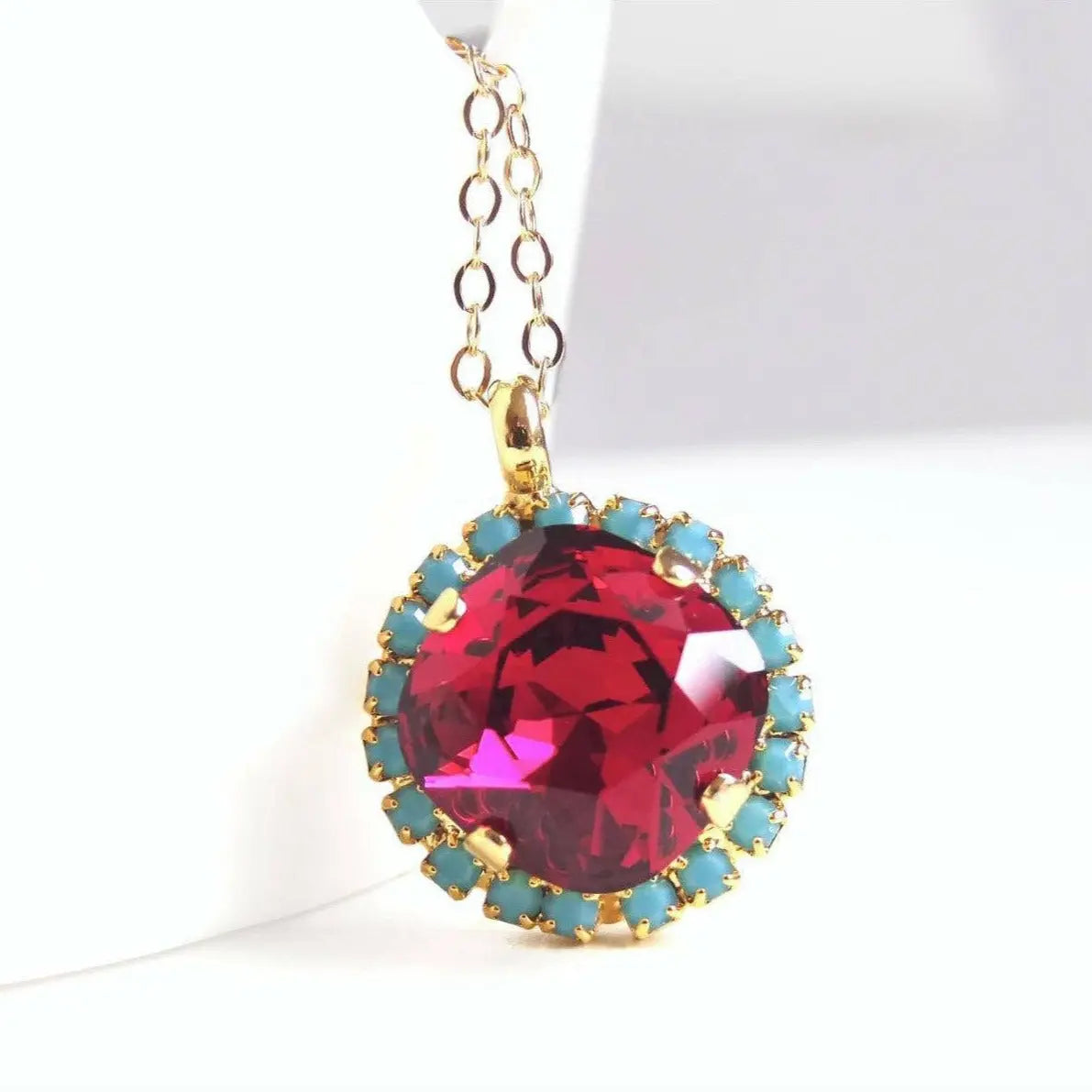 Ruby red and turquoise blue crystal necklace LoveYourBling