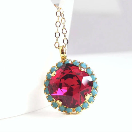Ruby red and turquoise blue crystal necklace LoveYourBling