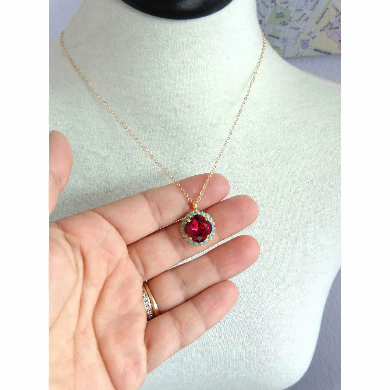 Ruby red and turquoise blue crystal necklace LoveYourBling