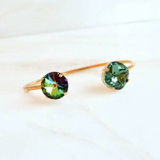 Gold open cuff bracelet in green crystal LoveYourBling