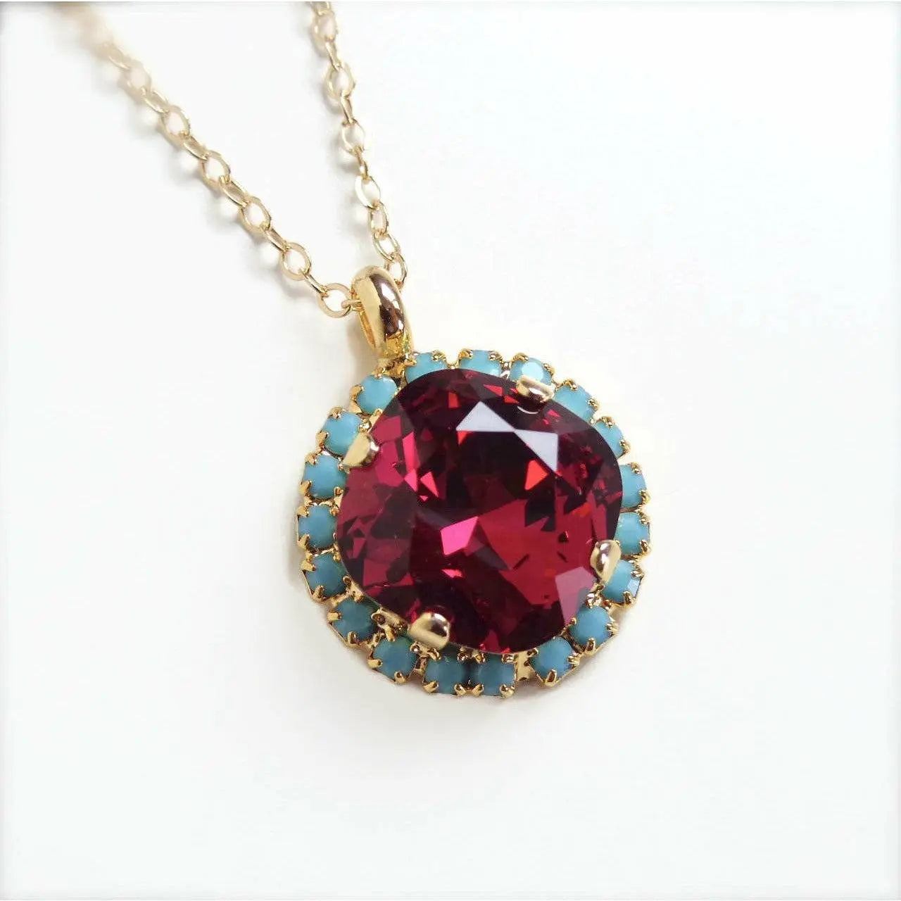Ruby red and turquoise blue crystal necklace LoveYourBling