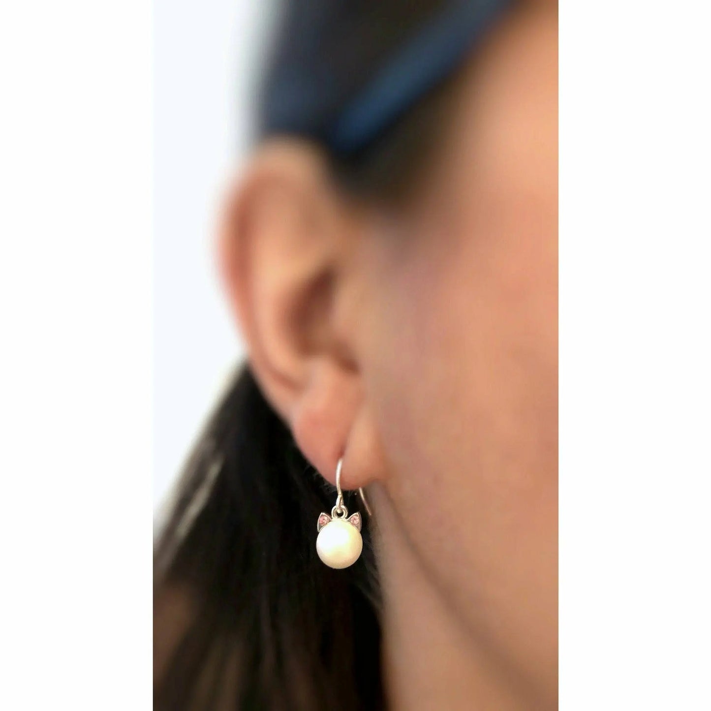 White pearl cat earrings LoveYourBling