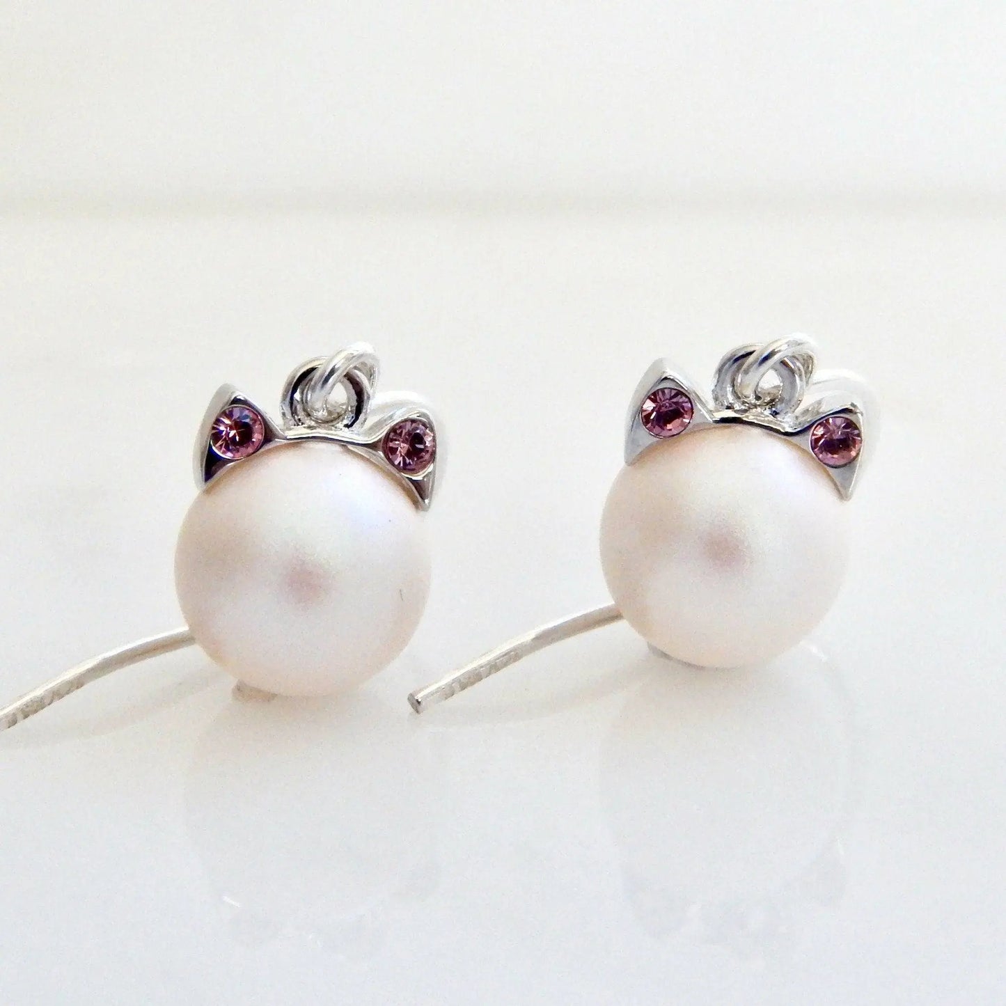 White pearl cat earrings LoveYourBling