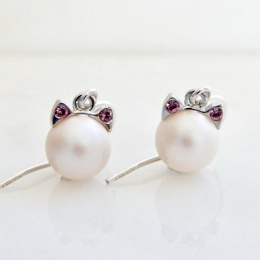 White pearl cat earrings LoveYourBling