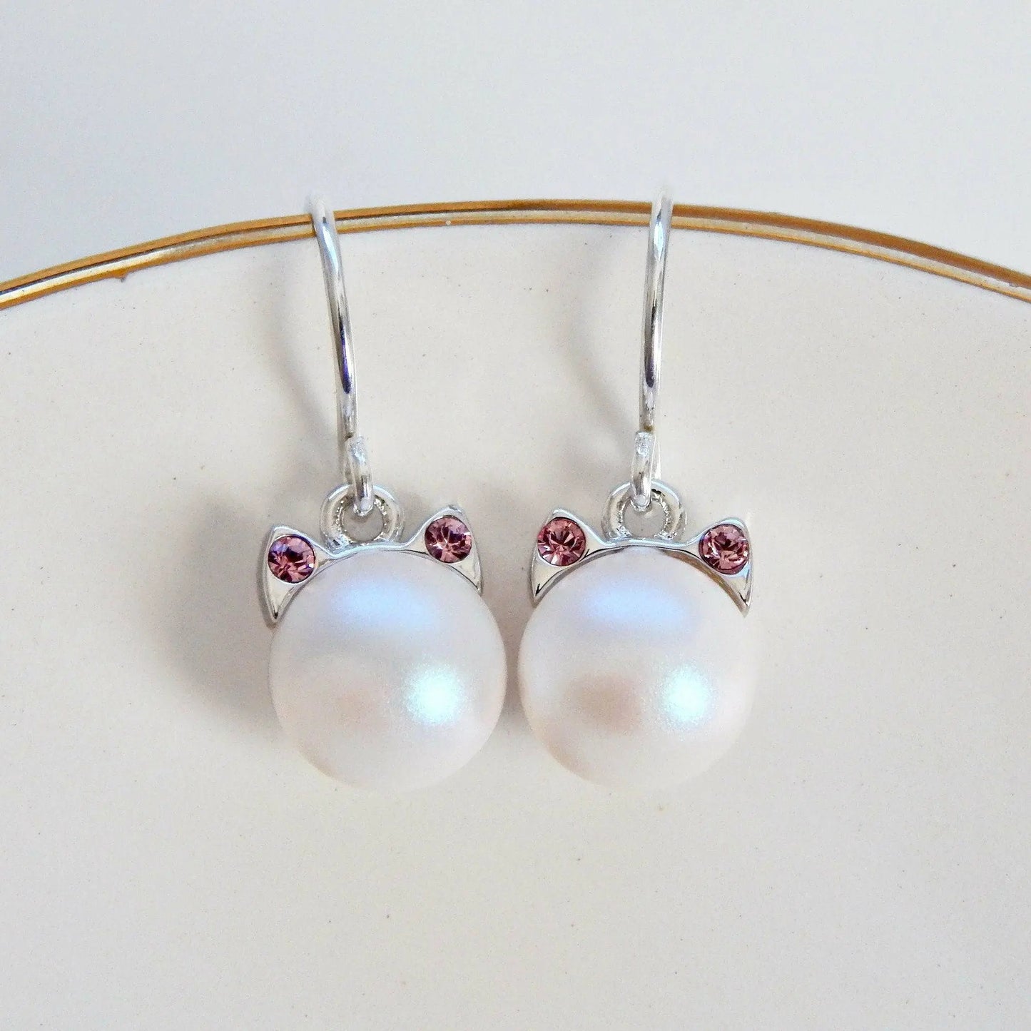 White pearl cat earrings LoveYourBling
