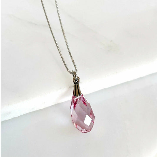 Pink Crystal Teardrop Necklace on Sterling Silver Box Chain LoveYourBling