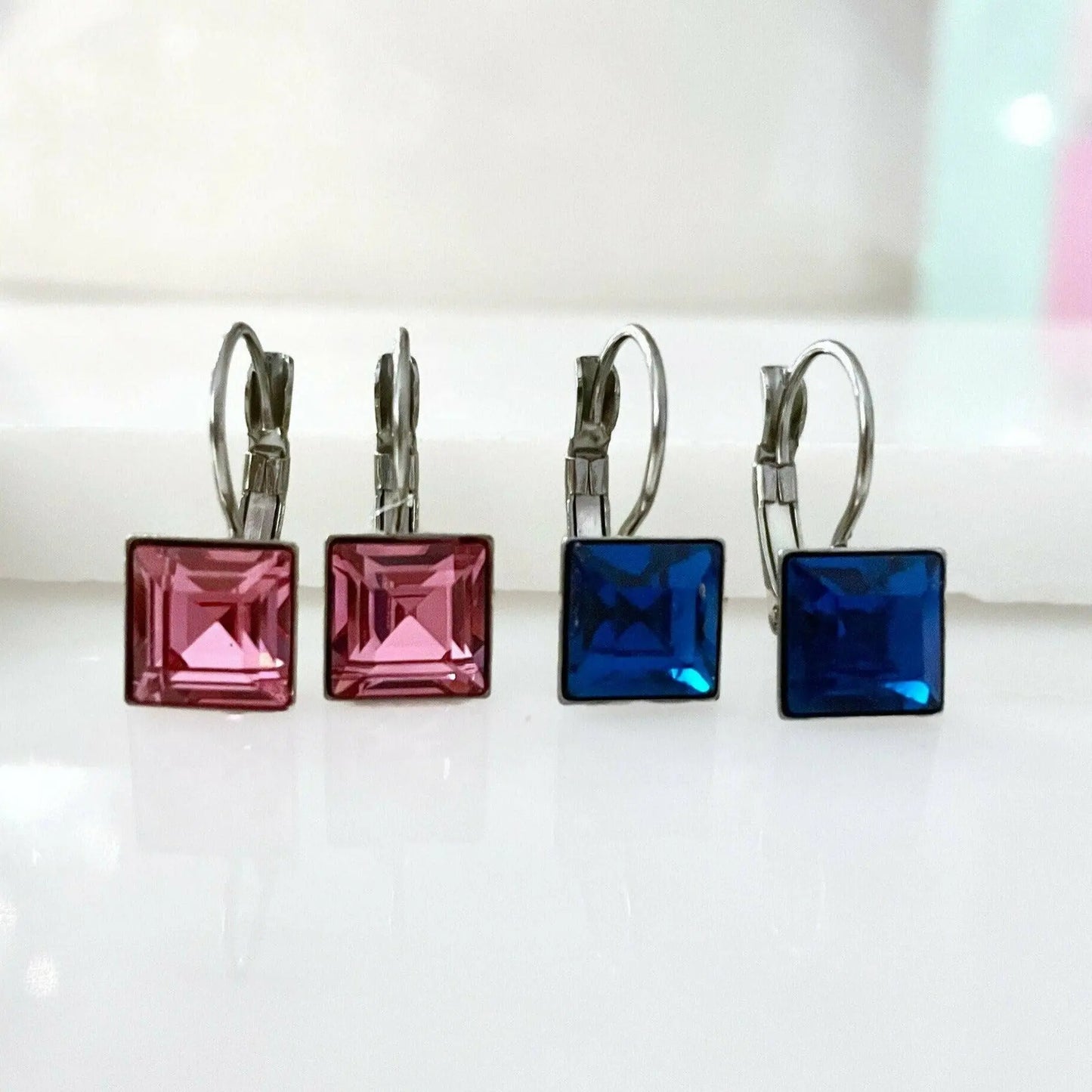 Vintage crystal square earrings pink or blue LoveYourBling