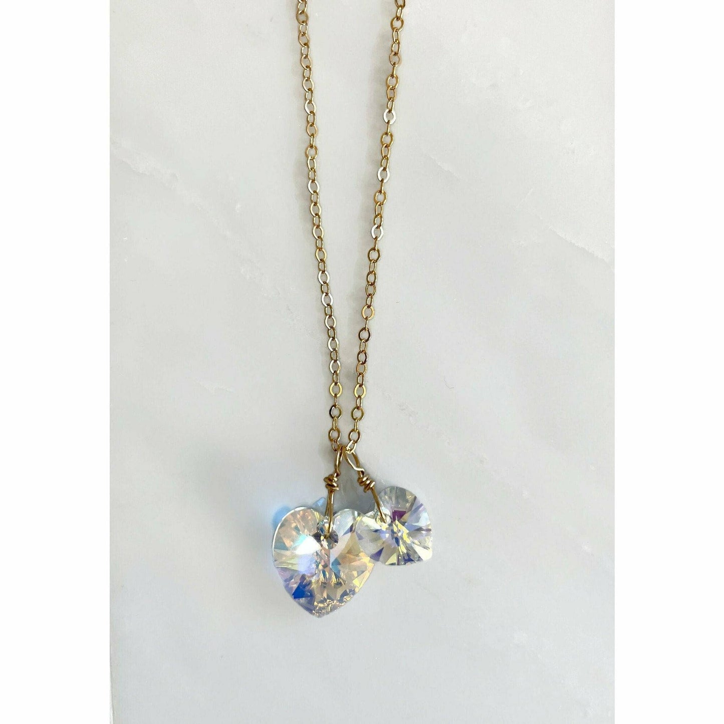 Two hearts necklace crystal necklace in clear ab