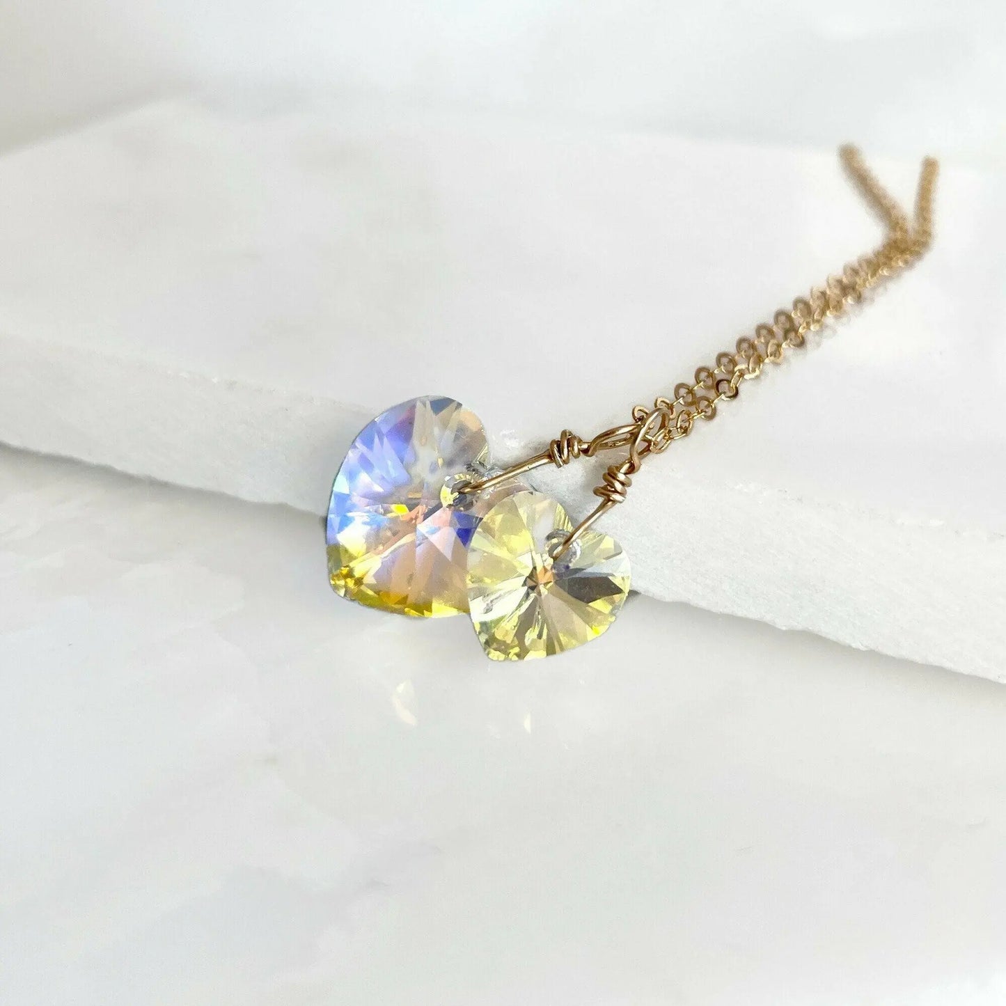 Two hearts necklace crystal necklace in clear ab LoveYourBling