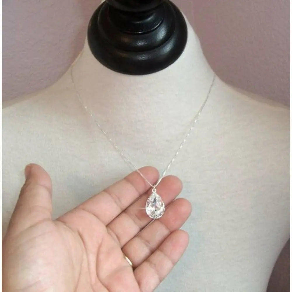 Clear Pear Shape Crystal Necklace on Sterling Silver LoveYourBling
