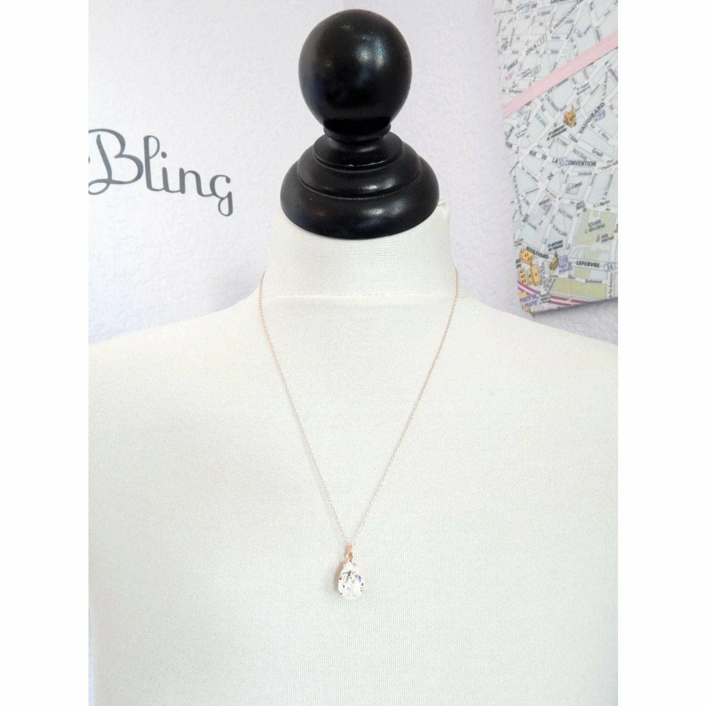 Rose gold clear pear pendant necklace