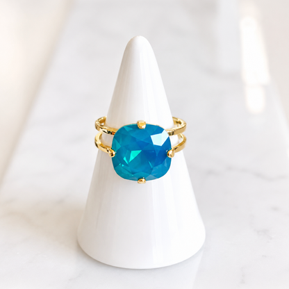Blue Opal Square Crystal Ring | Adjustable Gold Statement Ring